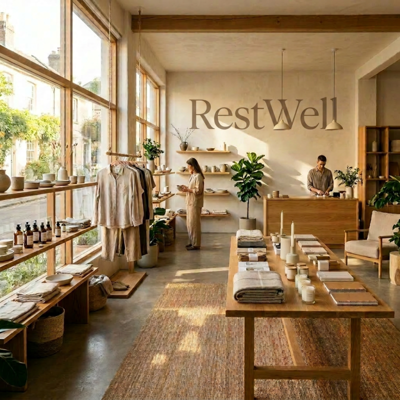 Calm wellness store interior with clothing, candles, and pottery under 'RestWell' sign
